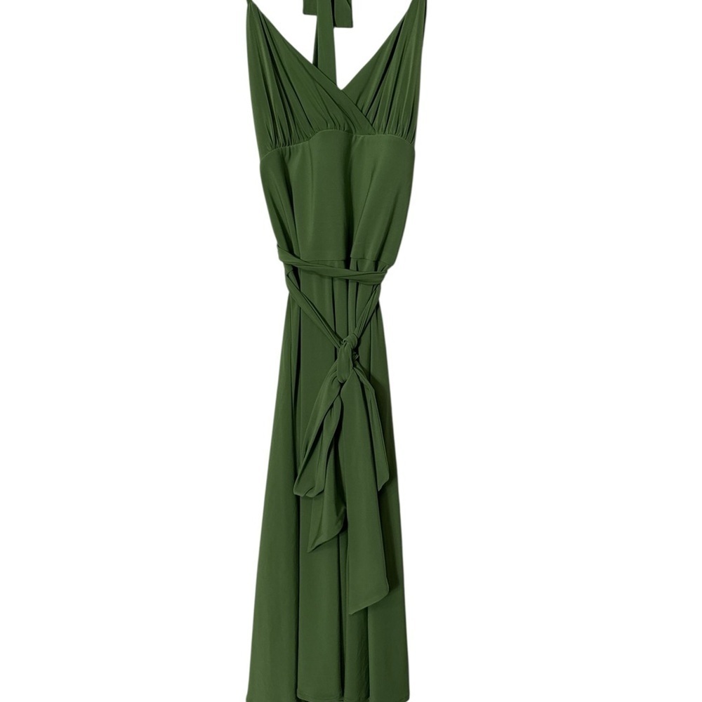 Jones New York Green Halter Dress Size 12 Tortoise Ring Detail Midi Wrap